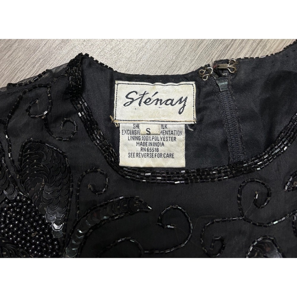 Stenay Vintage Black Silk Beaded Sequin Floral Long Sleeve Blouse Scallop Hem S - Picture 5 of 8
